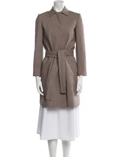 Pre-owned Theory Virgin Wool Plaid Print Trench Coat In Brown