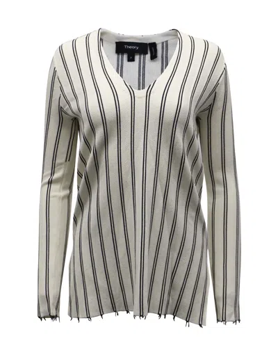Pre-owned Theory V-neck Stripe Blouse In White Cream Viscose