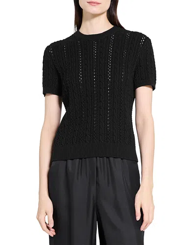Theory Waverly Cable Knit Short Sleeve Sweater In Black