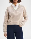 Theory Waverly Stripe Cotton V-neck Crop Sweater In Light Camel/white