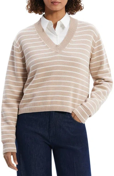Theory Waverly Stripe Cotton V-neck Crop Sweater In Brown