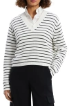 Theory Waverly Stripe Cotton V-neck Crop Sweater In White/ Black