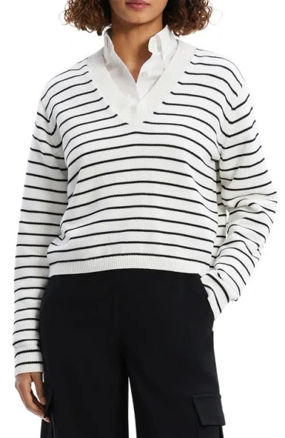Theory Waverly Stripe Cotton V-neck Crop Sweater In White