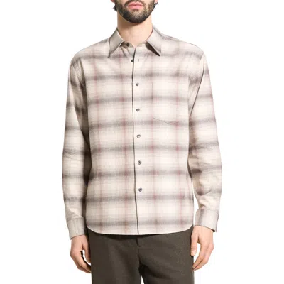 Theory Weekend Gradient Check Brushed Cotton Button-up Overshirt In Brown