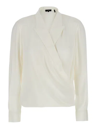 THEORY WHITE BLOUSE WITH PEAK REVERS AND CROSSOVER NECK IN SILK WOMAN