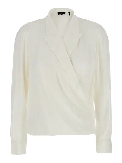 Theory White Blouse With Peak Revers And Crossover Neck In Silk Woman In Neutral