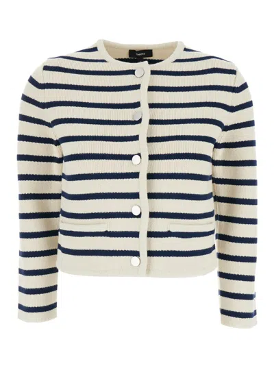 THEORY WHITE CREWNECK SRIPED CARDIGAN IN COTTON WOMAN