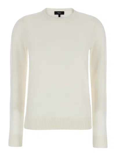 THEORY WHITE CREWNECK SWEATER IN CASHMERE WOMAN
