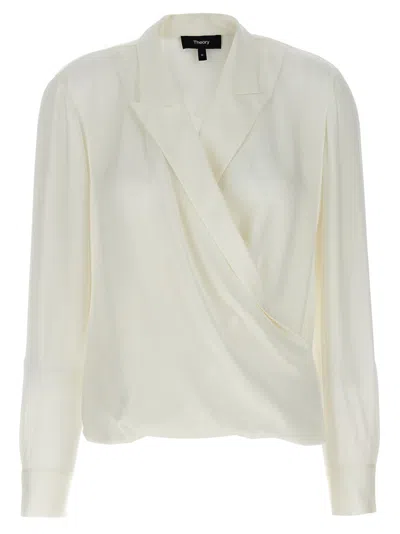 THEORY WOMEN WHITE PK LABEL WRAP BLOUSE, M LUXURY TOPS FOR WOMEN DARVEYS