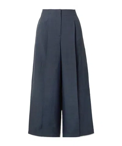 Theory Cropped Pleated Cotton-twill Wide-leg Pants In Blue