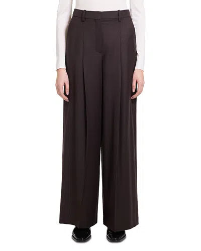 Theory Wide Leg Pleated Virgin Wool Trousers In Brown