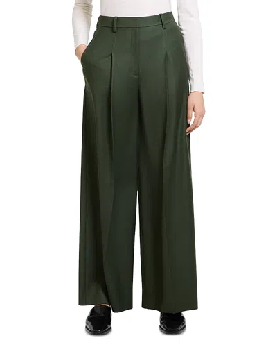 Theory Wide Leg Pleated Wool Trousers In Green