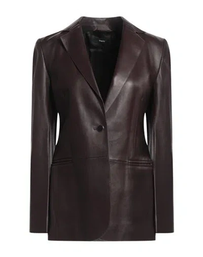 Theory Woman Blazer Dark Brown Size 6 Lambskin In Merlot