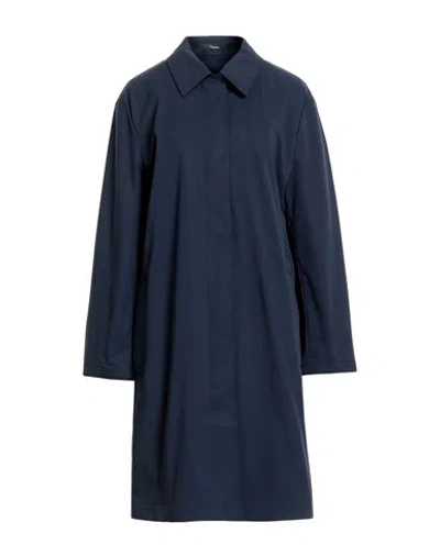 Theory Woman Overcoat & Trench Coat Navy Size L Cotton, Polyamide, Elastane In Blue
