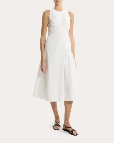 Theory Ruched Cotton-blend Sateen Midi Dress In White