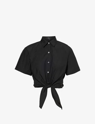 Theory Womens Black Cropped Folded-cuff Cotton And Recycled-nylon Blend Shirt