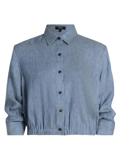 Theory Women's Boxy Linen-blend Crop Shirt In Blue