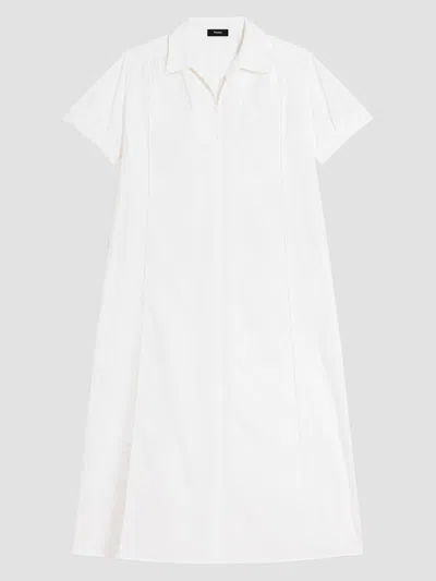 Theory Gathered Cotton-blend Poplin Midi Dress In White
