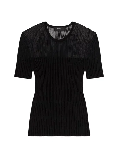 Theory Women's Crepe-knit Striped T-shirt In Black