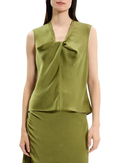 Theory Twist Neck Blouse In Crushed Satin In Green