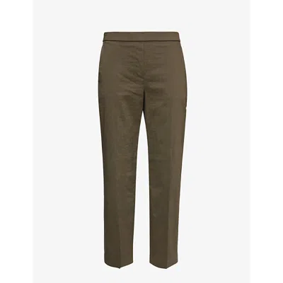 Theory Womens Dark Olive Treeca Pull-on Tapered-leg Mid-rise Linen-blend Trousers