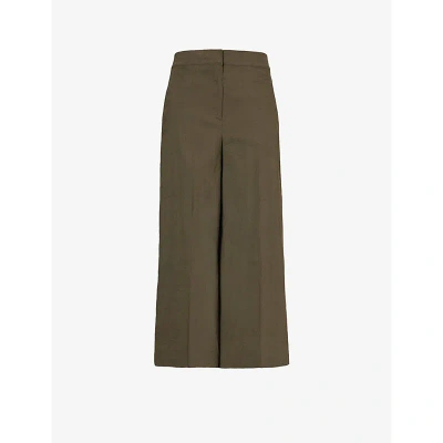 Theory Womens Dark Olive Wide-leg Mid-rise Cropped Linen-blend Cropped Trousers
