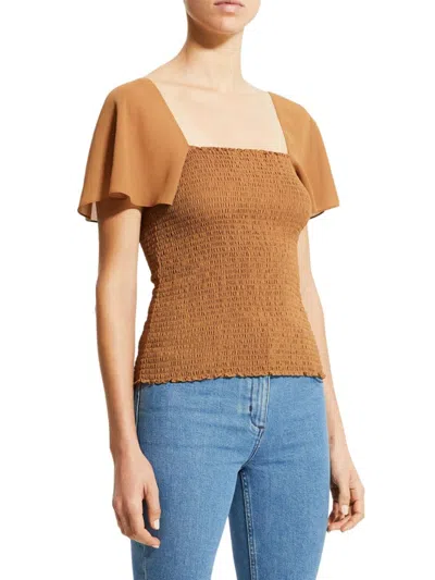 Theory Women's Flutter Sleeve Smocked Top In Bronze