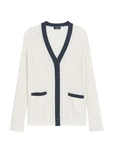 Theory Women's Linen-blend Cable-knit Cardigan In Bone Nocturne Navy