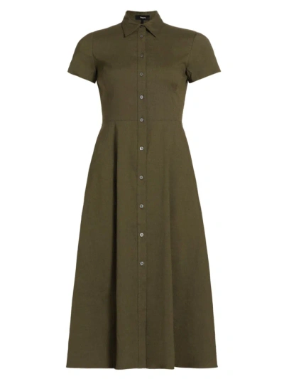 Theory A-line Collared Stretch Linen-blend Midi Dress In Dark Olive
