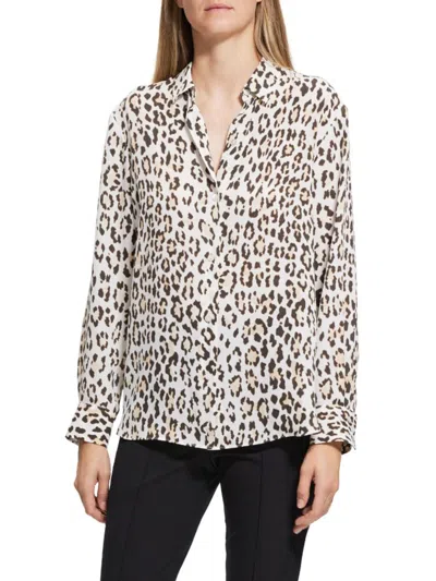Theory Women's Long Sleeve Leopard Print Blouse In White Brown