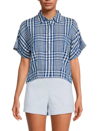 Theory Women's Plaid Crop Button Down Shirt In Blue Multicolor