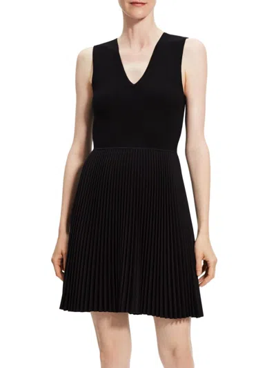 Theory Women's Pleated Wool V-neck Mini Dress In Black