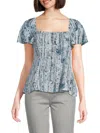 Theory Short-sleeve Godet Printed Silk Top In Teal Multi