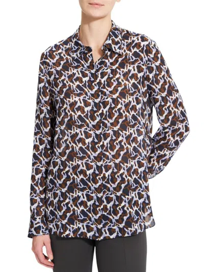 Theory Women's Printed Silk Blouse In Blue Multicolor