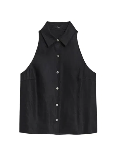 Theory Sleeveless Linen Blend Shirt In Black