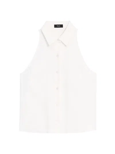 Theory Sleeveless Linen-blend Button-front Halter Shirt In Ivory