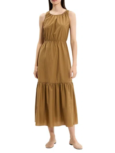 Theory Women's Soft Lawn Sleeveless Gathered Midi-dress In Brown