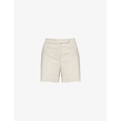 THEORY THEORY WOMENS STRAW WOVEN-TEXTURE MID-RISE LINEN-BLEND SHORTS