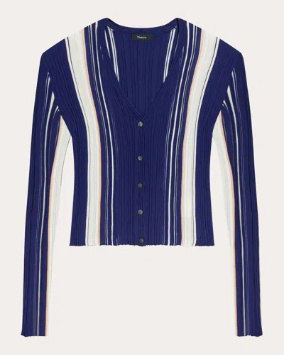 Theory Women's Stripe Rib Knit Slim Cardigan In Blue