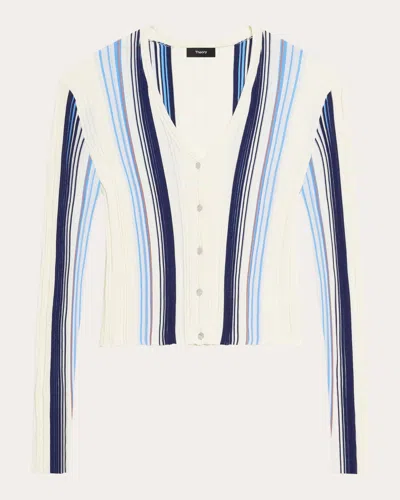 Theory Women's Stripe Rib Knit Slim Cardigan Cotton/polyamide In Multi