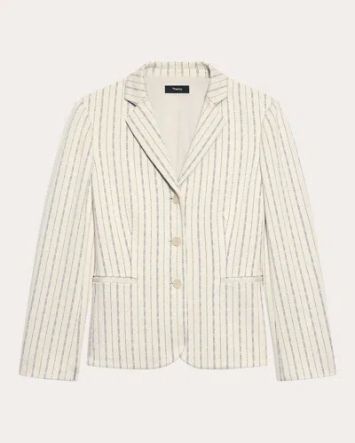 Theory Shrunken Three-button Blazer In Striped Crepe Jersey In White