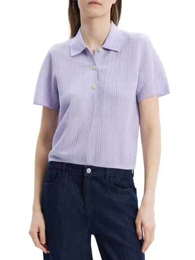Theory Women's Striped Linen-blend Crop Polo Shirt In Purple