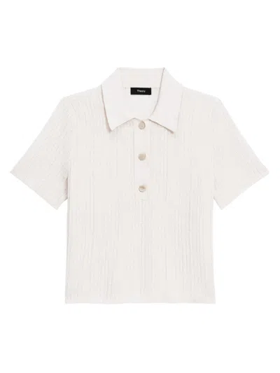 Theory Women's Striped Linen-blend Crop Polo Shirt In Bone