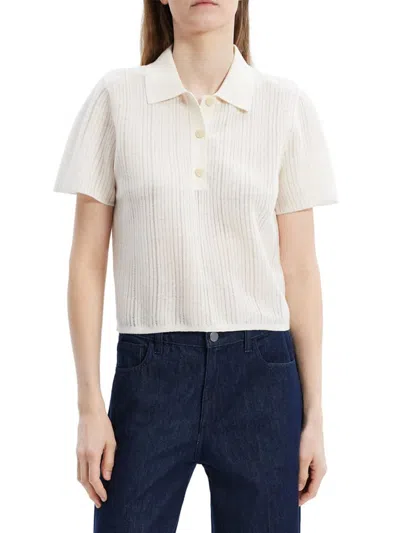 Theory Women's Striped Linen-blend Crop Polo Shirt In Neutral