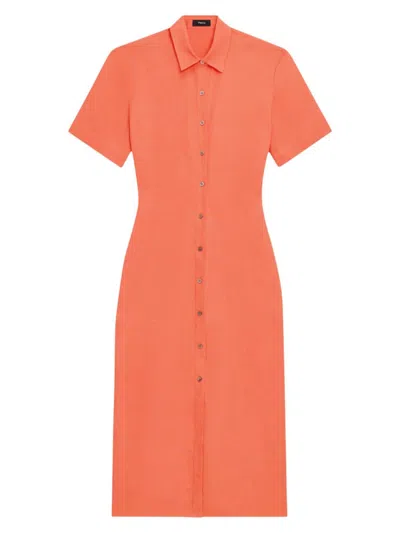Theory Galena Linen Maxi Shirtdress In Bright Coral
