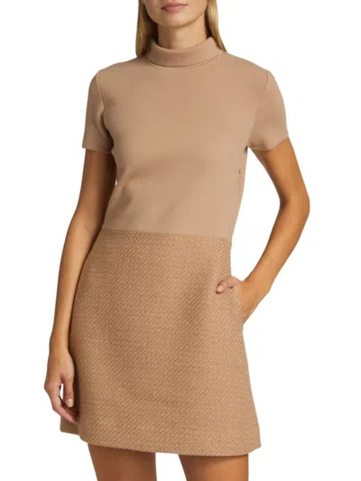 Theory Women's Tweed & Knit Turtleneck Mini Dress In Palomino Beige