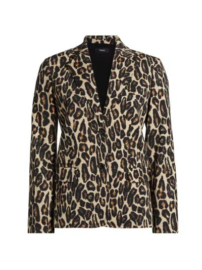 Theory Women's Two-button Tailored Leopard Wool Blazer In Brown