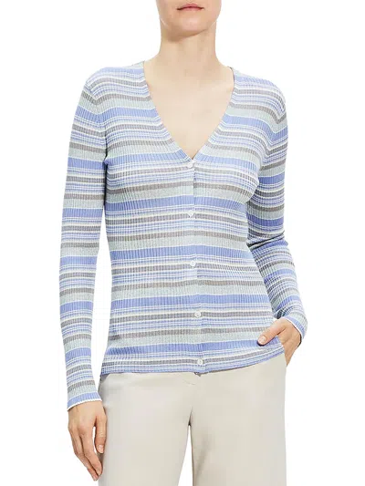 Theory Womens 100% Silk Ribbed Cardigan Sweater In Multi