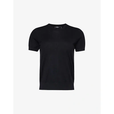 Theory Womens Black - 001 Round-neck Wool-blend Knitted T-shirt