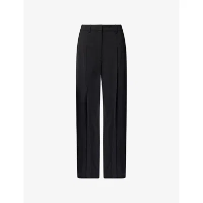 Theory Womens Black Pleated Wide-leg Wool Trousers